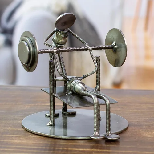Miniatura 2 de NOVICA Escultura reciclada del hierro del tema de los deportes de las piezas de automóvil, 6,25" alto 'levantador de pesas rústico