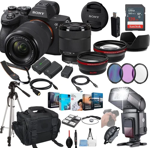 Sony Paquete de cámara sin espejo a7 IV - ILCE-7M4/B con lente de zoom de 1.102-2.756 in + paquete de accesorios Prime que incluye memoria de 128