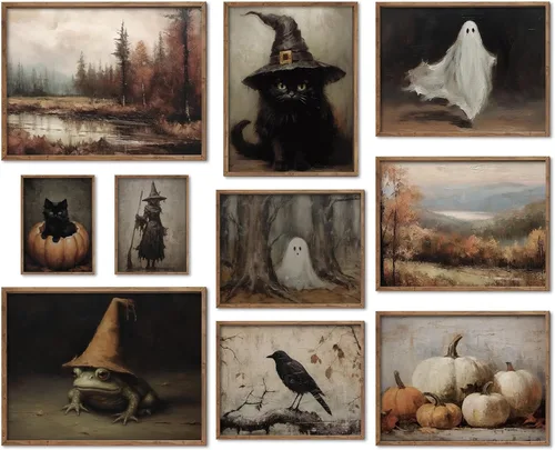 JarThenaAMCS 10 impresiones artísticas de pared de Halloween, decoración de pared gótica vintage de bruja, academia oscura, fantasma, gato negro,