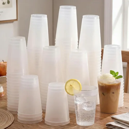 Jingmore 500 vasos de plástico esmerilado a granel – 12 oz desechables transparentes vasos esmerilados para eventos de estadio hogar, fiesta,