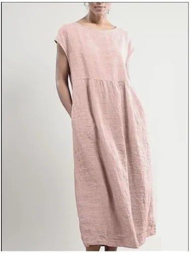 Miniatura 2 de Vestido de lino y algodón para mujer, para verano, playa, casual, holgado, sin mangas, cuello redondo, holgado, con bolsillos