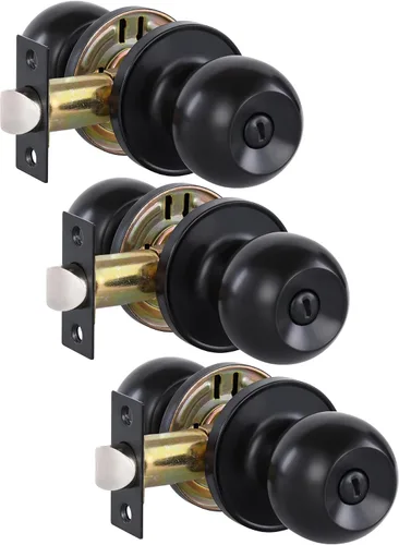 Lanwandeng Paquete de 3 pomos de puerta de privacidad color negro mate con cerradura para dormitorio/baño, cerraduras de puerta interior sin llave