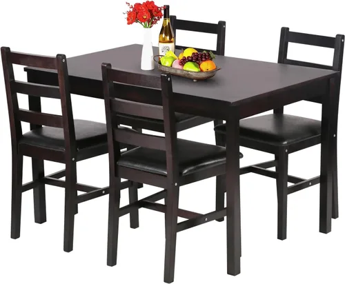 FDW | Juego de mesa de comedor de madera maciza de 5 piezas para 4 | Marrón | Mesa de cocina de pino con sillas tapizadas | Diseño que ahorra