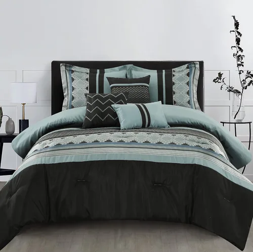 Grand Avenue Juego de edredón tamaño King negro/azul, 6 piezas, juegos de ropa de cama jacquard y colecciones