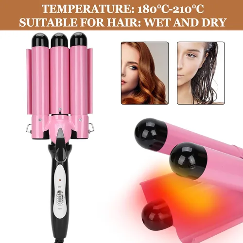 Miniatura 6 de 3 barriles rizadores de pelo, rizador de pelo de 3 barriles de 1.102 in, rizador de pelo eléctrico, herramienta de peinado para peinado largo