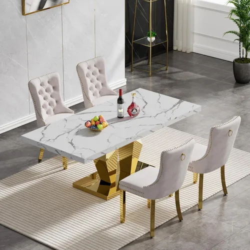 Miniatura 2 de Juego de 5 mesas de comedor de mármol sintético, juego de mesa de cocina y comedor para 4, mesa de comedor rectangular blanca de 70 pulgadas