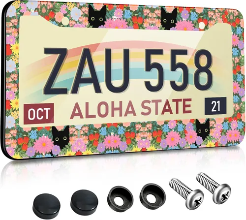 Marcos para placa de matrícula para mujer, diseño floral, lindo y divertido gato negro, flores, marco de etiqueta de metal de acero inoxidable,
