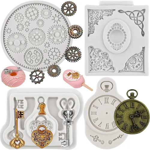 Moldes vintage para fondant, reloj de engranaje steampunk, molde de silicona para gemas barrocas para decoración de pasteles, decoración de