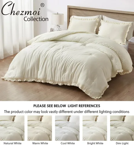 Miniatura 5 de Chezmoi Collection Nora - Juego de edredón marfil de 3 piezas, ligero, esponjoso, suave, lavado a la piedra, con volantes, ropa de cama Shabby Chic