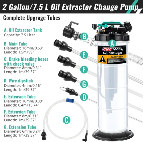 Miniatura 5 de Estune Extractor de líquido neumático manual de 2 galones/7.5 L, bomba extractora de aceite automotriz, cambiador de vacío de aceite con 5 mangueras