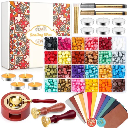 Paxcoo Kit de cera de sellado con cuentas de sello de cera, sellos, calentador, cuchara, sobres para sellado de letras