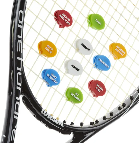 Miniatura 2 de BusyBee Amortiguador de vibraciones de tenis (paquete de 10). Regalo único de tenis para niños, mujeres y jugadores con 10 lemas motivacionales