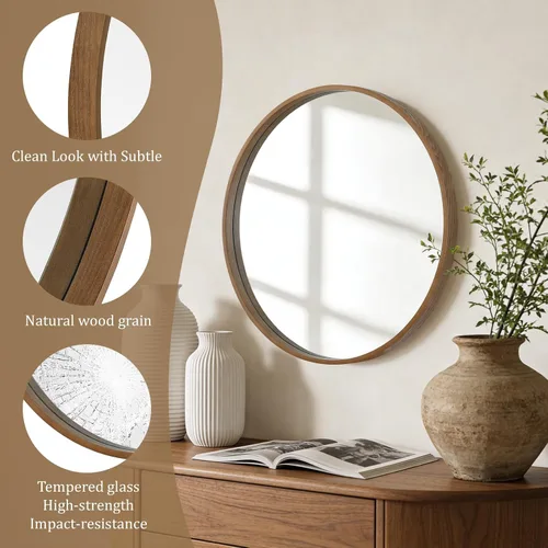 Miniatura 5 de WallBeyond Espejo redondo de madera con marco de madera, espejo de pared circular de 24 pulgadas para baño, espejo de pared redondo para decoración