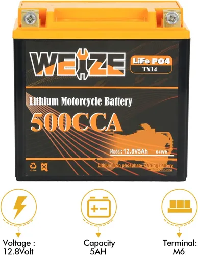 Miniatura 3 de Weize Batería de litio YTX14-BS, grupo 14, 500A LiFePO4 para motocicleta, 12V 5AH ATV, UTV, moto acuática, 4 ruedas, motos de nieve, embarcaciones