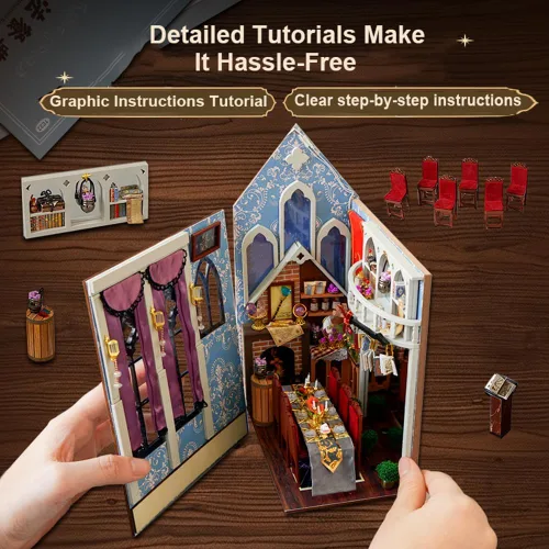 Miniatura 6 de Kit de casa en miniatura de bricolaje, kit de rincón de libro de estilo europeo, diseño de espejo ilusión, kit de casa de muñecas en miniatura