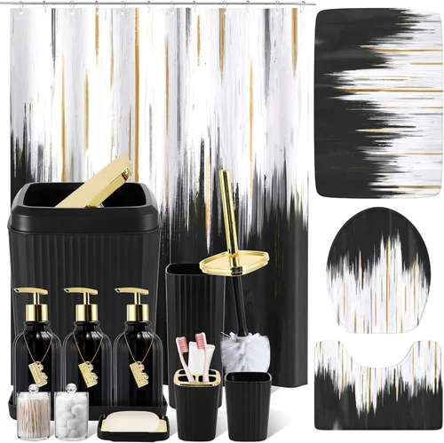 Miniatura 19 de 21PCS Bathroom Sets with Shower Curtain and Rugs Bathroom Accessories Set Beige Bathroom Set Complete with Trash Can, Toilet Brush, Qtip Holder &