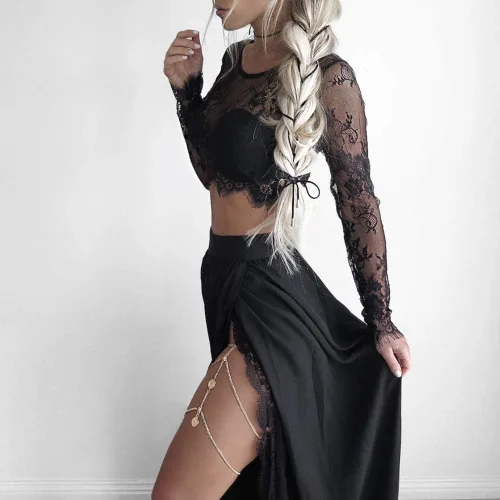 Miniatura 3 de Blusa corta de malla transparente para mujer, camiseta sexy con encaje y bordado