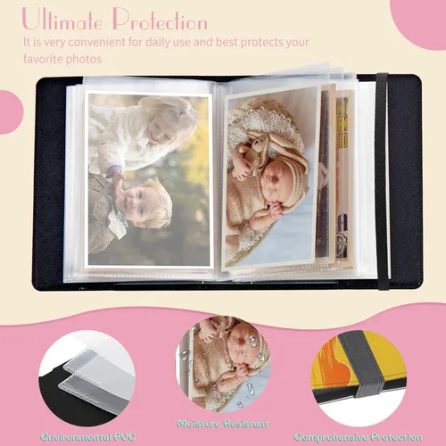 Miniatura 3 de Álbum de fotos de 4 x 6 pulgadas, capacidad para 60 fotos, cubierta de piel sintética, álbum de fotos con banda elástica fuerte, álbum de fotos Vela