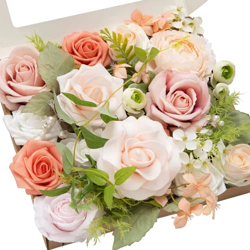 Miniatura 31 de Ling's moment Caja de Flores Falsas, Tallos de Vegetación Artificial Falsa, Rosas de Espuma, Gardenias, Hortensias de Seda, Ranúnculos, Flor de Tela