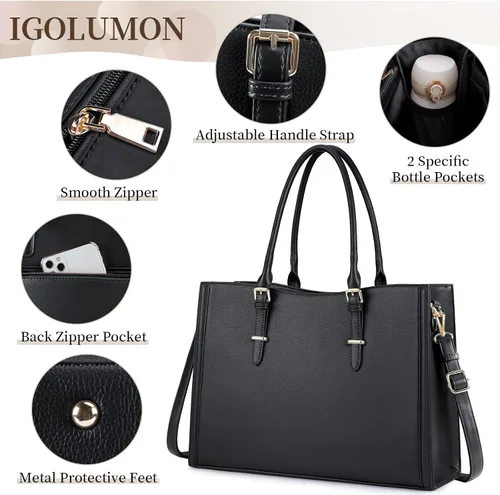 Miniatura 4 de IGOLUMON Bolsa para laptop para mujer de 15.6 pulgadas, impermeable, bolsa de trabajo de cuero, maletín para computadora, oficina, profesional