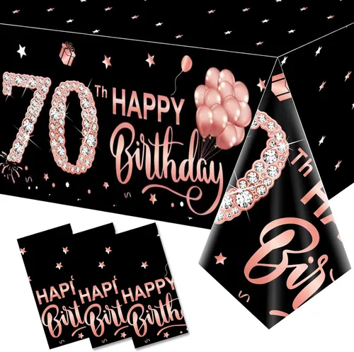 Miniatura 7 de Paquete de 3 manteles de color oro rosa para cumpleaños n.° 80, suministros para fiestas, mantel rectangular desechable de plástico Oro rosa 80