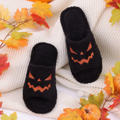 Miniatura 5 de shevalues Pantuflas de tela de rizo con punta abierta para mujer, pantuflas de espuma viscoelástica