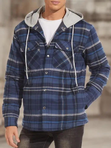 Miniatura 7 de TACVASEN Chaqueta de franela para hombre con capucha, camisas de franela gruesa a cuadros acolchadas, forro de manga larga, abrigo de algodón