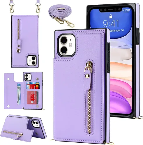 Miniatura 28 de Funda cruzada para teléfono iPhone 13 Pro Max de cuero con tarjetero, funda protectora extraíble, correa de cuero ajustable con botón, compatible