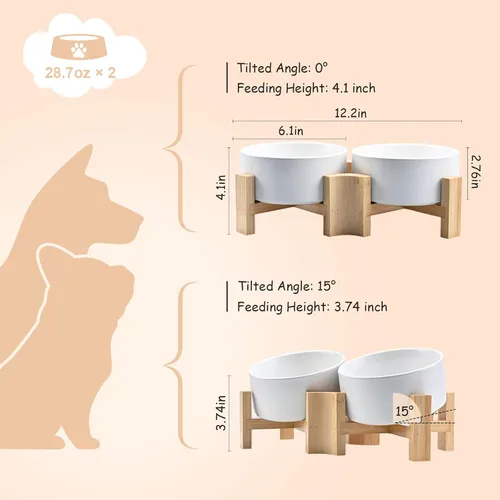Miniatura 4 de SPUNKYJUNKY Cuenco de cerámica inclinado de 15° para perros y gatos con soporte de madera, cuenco inclinado para comida y agua para bulldog Blanco