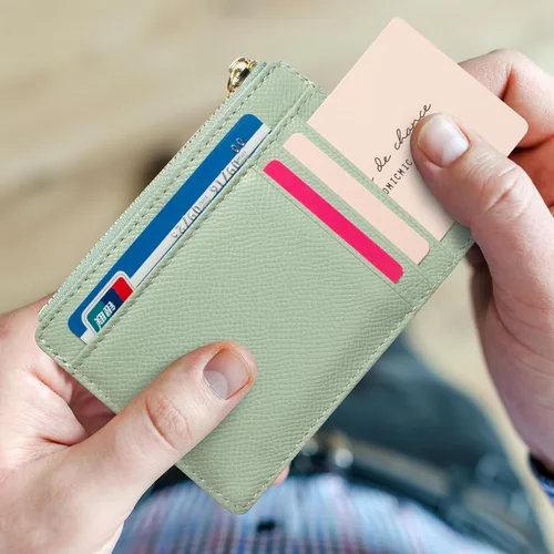 Miniatura 64 de Tarjetero delgado con bloqueo RFID, billetera de bolsillo pequeño, con cremallera Keychian para monedero, monedero y tarjetero para mujeres y hombres