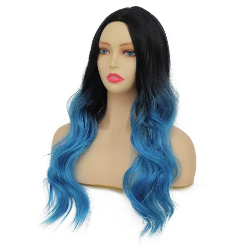 Miniatura 4 de Tseses Pelucas largas y onduladas de color azul degradado para mujer, pelucas de cabello sintético con raíces oscuras, cosplay, fiesta de Halloween