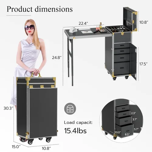 Miniatura 7 de Icoget Mesa de manicura portátil con ruedas para enseñanza de uñas, escritorio plegable de viaje con almacenamiento, mesa de manicura móvil