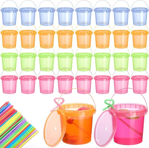 Miniatura 14 de Funnymoom Paquete de 36 cubos de plástico para ron para bebidas con pajita, cubeta de cóctel para helado, con tapas y asas, recipientes de alimentos
