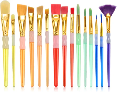 Paquete de valor de 15 pinceles de pintura, incluye 15 tipos diferentes de pinceles, cerdas de nailon coloridas con portapinceles de cristal de