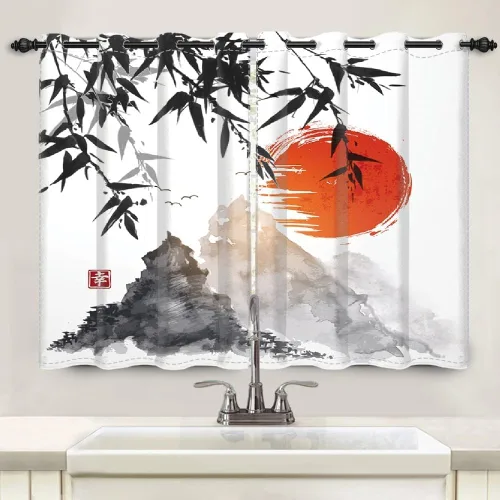 Miniatura 48 de Cortinas japonesas con pintura de tinta, monte Fuji, sol rojo, puesta de sol, hojas de bambú, cortinas de ventana para dormitorio, sala de estar