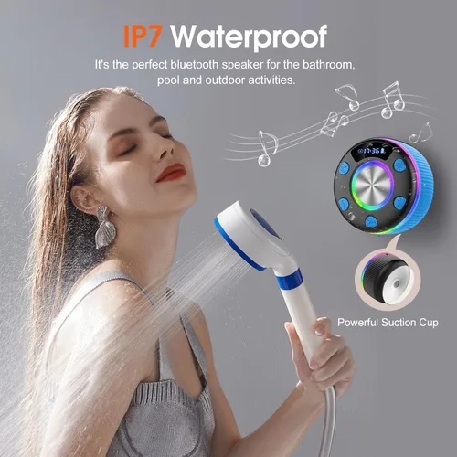 Miniatura 4 de Altavoz de ducha Bluetooth, IP7 impermeable, portátil, Bluetooth 5.3 con ventosa, mini altavoz inalámbrico con luces RGB, pantalla de tiempo, sonido