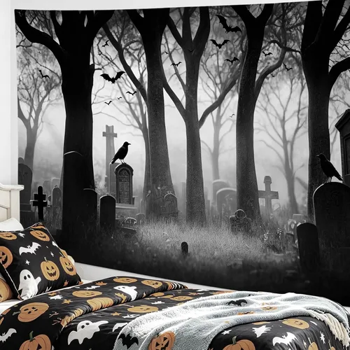 Miniatura 5 de LB Tapiz espeluznante de cementerio de Halloween, lápida aterradora con árboles muertos, tapiz de bosque para colgar en la pared, tapiz de fondo