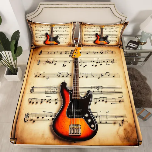Miniatura 2 de Castle Fairy Juego de sábanas con estampado musical rústico, tamaño individual, juego de sábanas con estampado de instrumentos de guitarra y bajo
