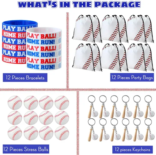 Miniatura 2 de Nuogo 48 piezas de regalos de fiesta de béisbol incluyen 12 bolsas de regalo de béisbol, 12 pulseras, 12 bolas de estrés, 12 mini llaveros