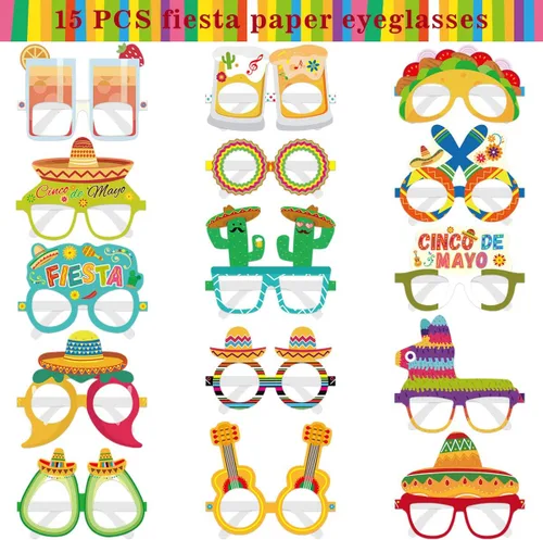 Miniatura 4 de Fancy Land 15 piezas de decoración de fiesta mexicana, anteojos de papel del Cinco de Mayo, lentes de papel, accesorios para cabina de fotos