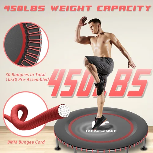 Miniatura 2 de K KENSONE Trampolín rebotador de bajo impacto de 40/48 pulgadas para adultos con bungee, 450/550 libras, mini trampolín de ejercicio silencioso