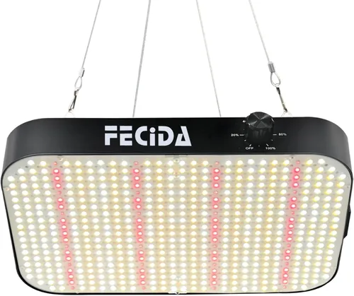 FECiDA Luz LED de crecimiento equivalente a 600 W, luz de espectro completo de 65 W, 0 a 100% regulable, cadena de margarita, ventilador de