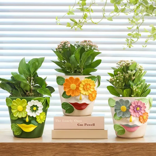 Miniatura 5 de GUGUGO Macetas únicas de cara para plantas, coloridas y lindas macetas para suculentas con drenaje, macetas abstractas de cabeza de arco iris