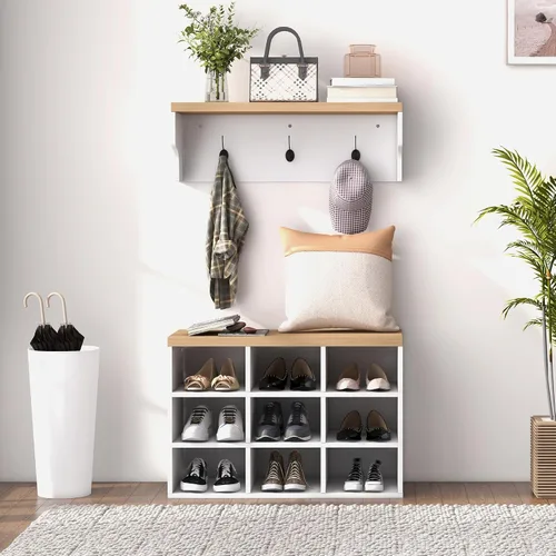 Miniatura 6 de HOMCOM Juego de banco de zapatos 2 en 1, árbol de pasillo de 5 ganchos con banco y almacenamiento de zapatos para 9 pares de zapatos para entrada