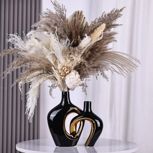Miniatura 3 de Juego de 2 jarrones de cerámica huecos negros y dorados, estilo estético decorativo moderno nórdico bohemio ins, jarrones decorativos de flores