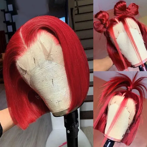 Miniatura 24 de Pelucas de cabello humano lacio marrón rojizo de 8 pulgadas, #33 13x4 HD, transparente, color marrón rojizo, peluca frontal de encaje frontal