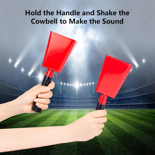 Miniatura 5 de Steel Cow Bell Noise Makers: cencerros de percusión de mano para eventos deportivos, cencerro grande de 8 pulgadas con asa para juegos de fútbol, Rad