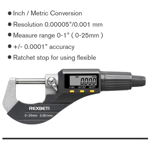 Miniatura 4 de REXBETI Micrómetro digital, herramientas de medición profesionales en pulgadas/métricas de 0.00005"/0.001 mm, calibre de grosor de resolución, funda