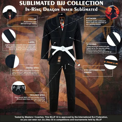 Miniatura 3 de Jaguar Pro Gear En anillo interior de dragón sublimado Pro brasileño Jiu Jitsu BJJ Kimono Gi uniforme unisex Cinturón blanco incluido