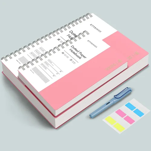 Miniatura 5 de EMSHOI Cuaderno de puntos en espiral A4, 150 hojas (300 páginas), diario de cuadrícula de puntos de 100gsm, tapa blanda impermeable, diario de Rosado